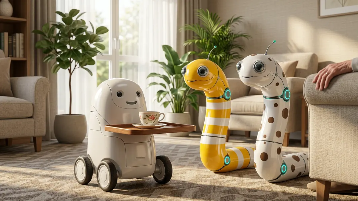 居間で、紅茶を運ぶ家庭用ロボットのそばに並ぶ、ロボットになったしーまとにょろ吉（イメージ画像・AIで作成）